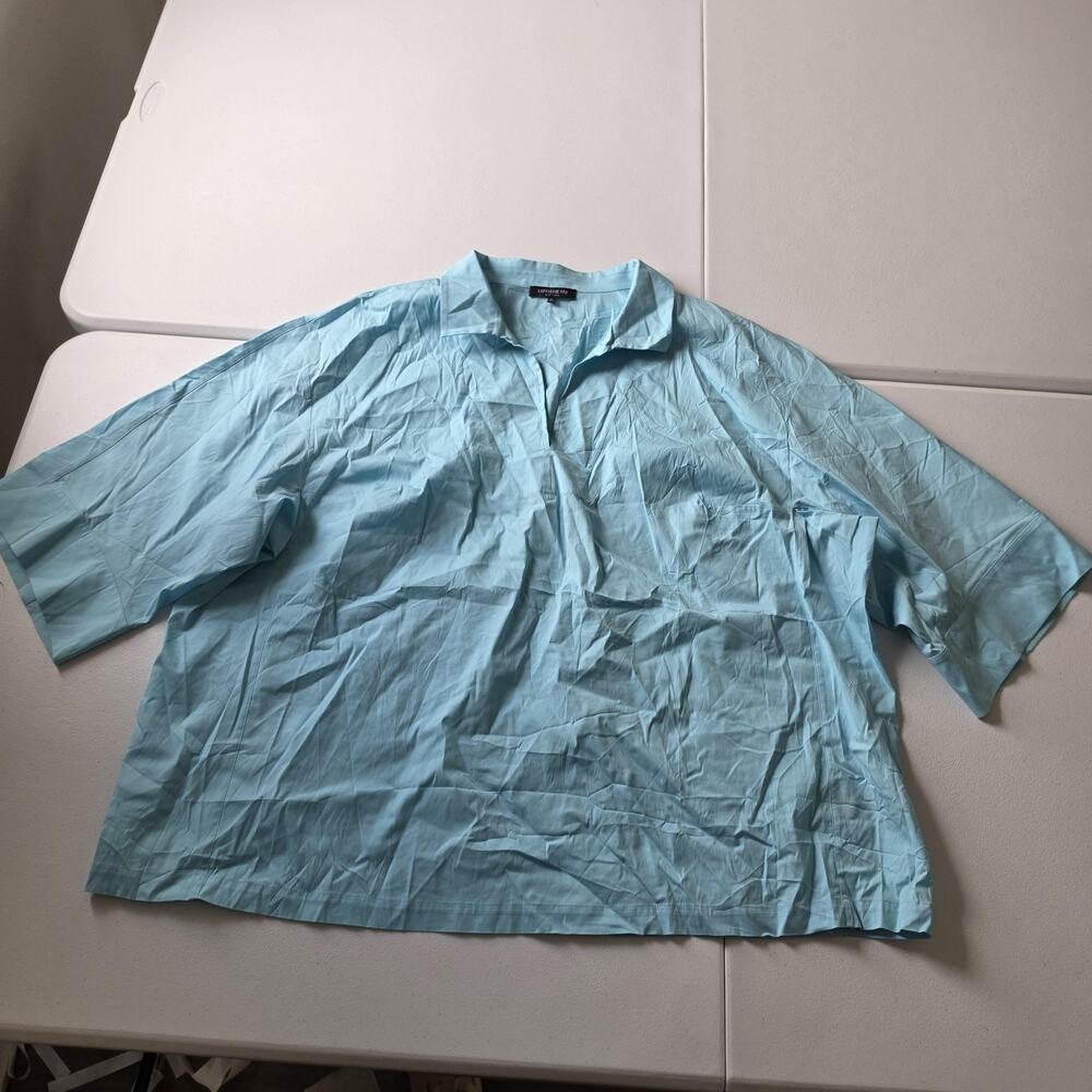 Lafayette 148 New York Tunic Blouse Womens 3X Blue Cotton Stretch 3/4 Sleeve Top
